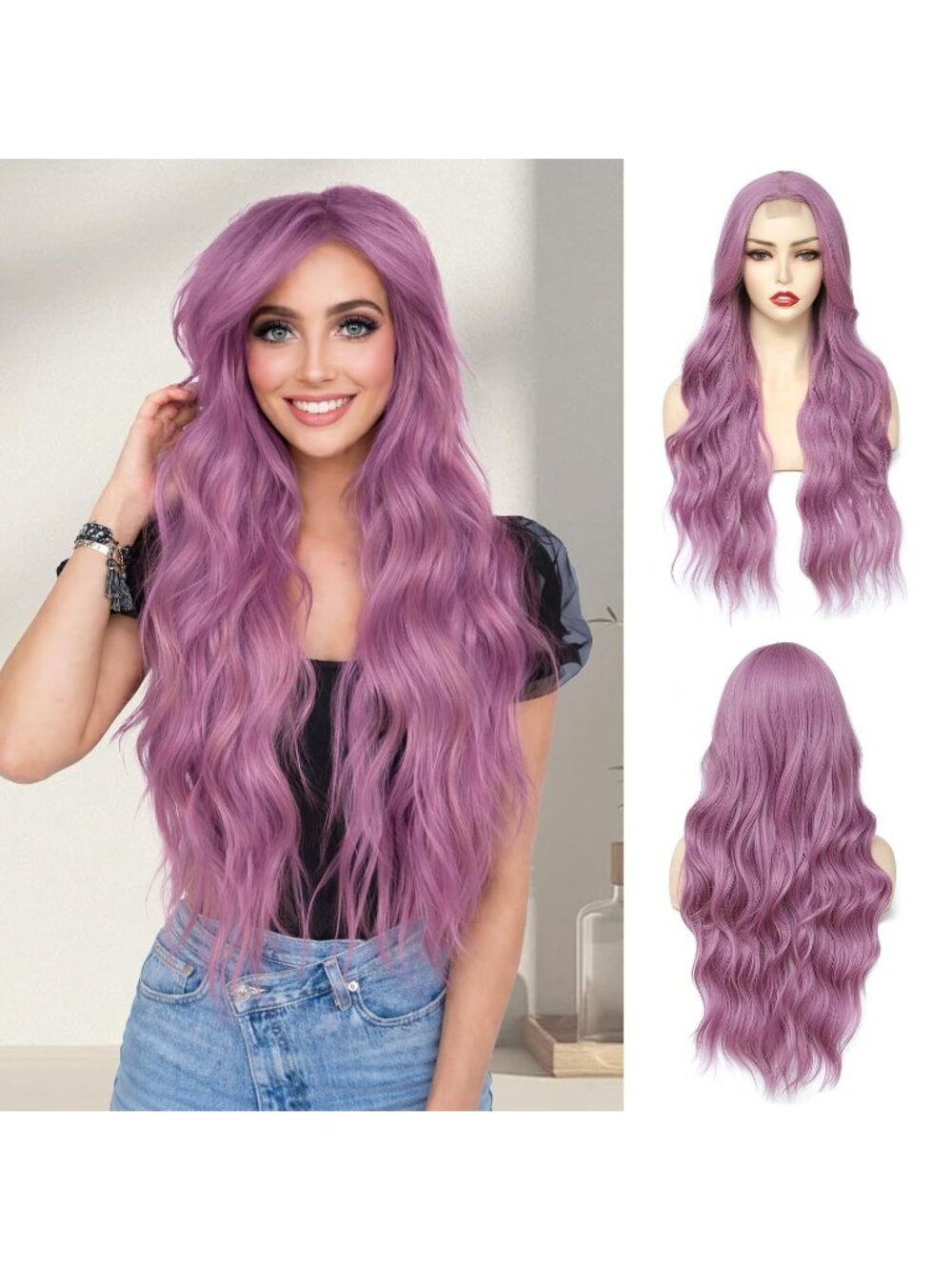 Women's Purple 26 Inch Natural Looking Heat Resistant Long Wavy Wigs